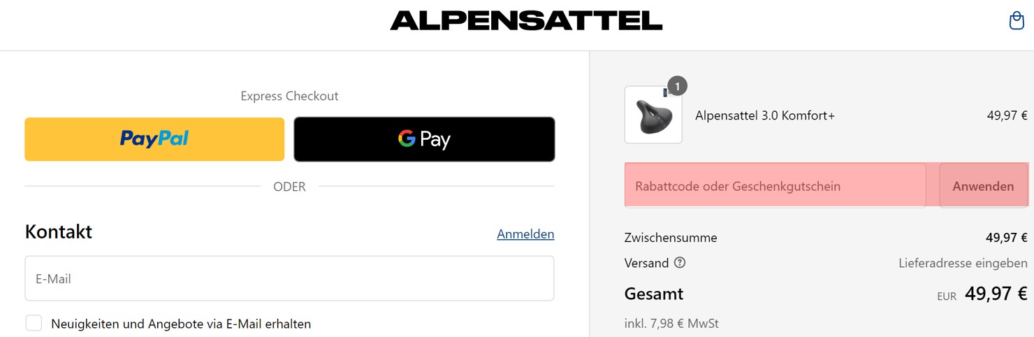 wie ist ein Alpensattel Gutscheincode einzulösen