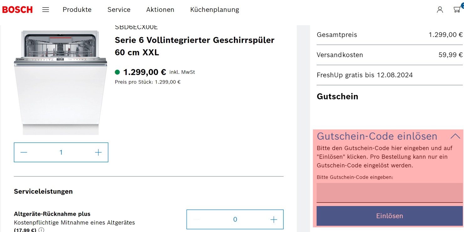 wie ist ein Bosch Hausgeräte Österreich Gutscheincode einzulösen