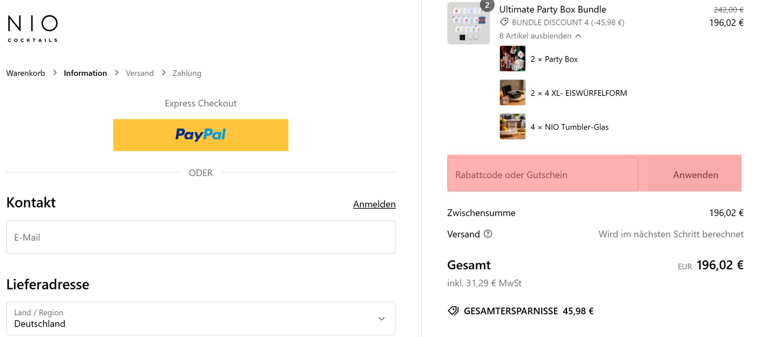 wie ist ein Nio Cocktails Gutscheincode einzulösen