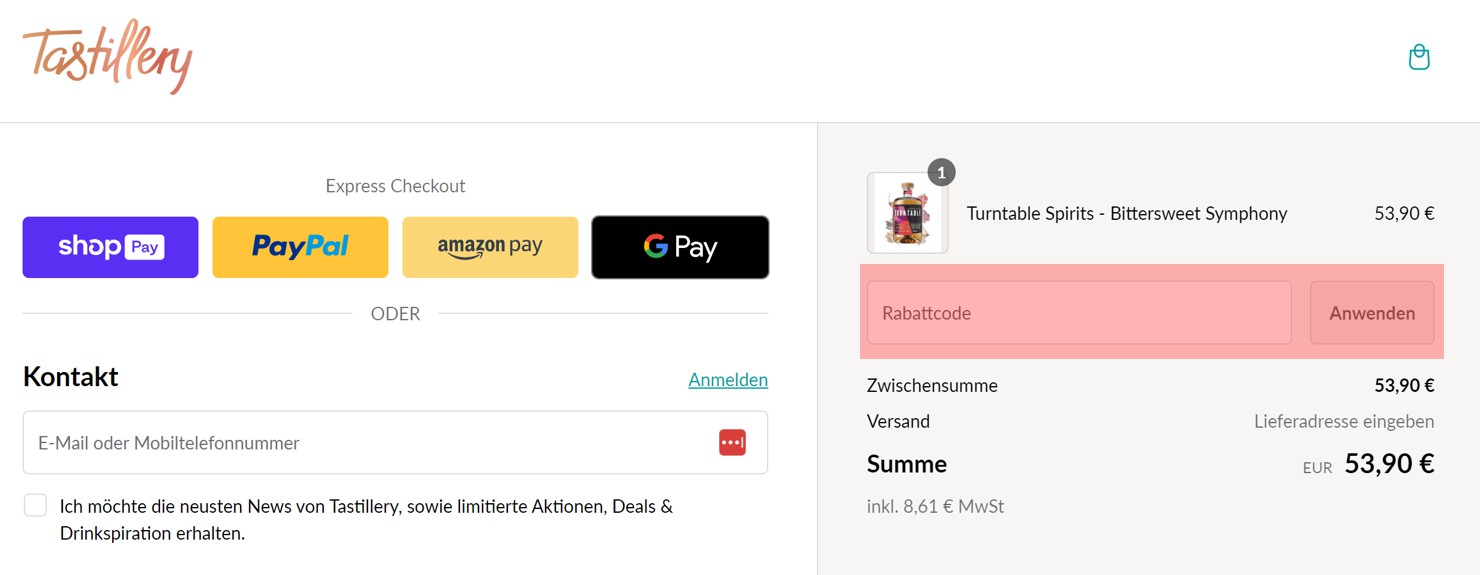 wie ist ein Tastillery Gutscheincode einzulösen